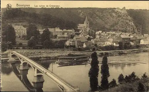 Ak Bouvignes sur Meuse Wallonien Namur, Les ruines de Crèvecoeur, vue générale du village, pont