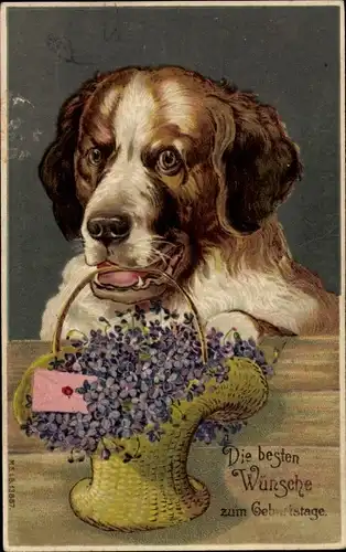 Präge Litho Glückwunsch Geburtstag, Hund, Blumenkorb