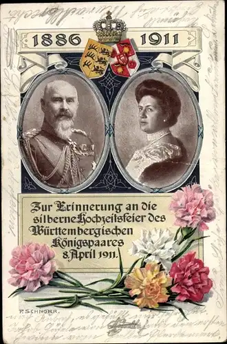 Ak König Wilhelm II. von Württemberg, Marie zu Waldeck und Pyrmont, Silberhochzeit 1911, Wappen