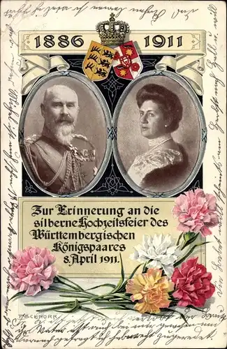 Ak König Wilhelm II. von Württemberg, Marie zu Waldeck und Pyrmont, Silberhochzeit 1911, Wappen