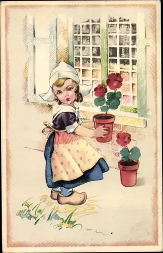 Ak Mädchen in niederländischer Tracht mit Blumentöpfen