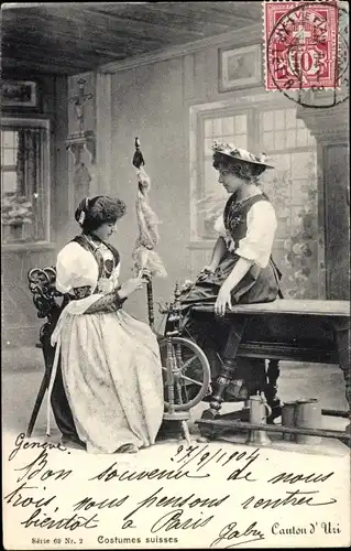 Ak Schweiz, Costumes suisses, Schweizer Landestrachten, Spinnrad, Frauen