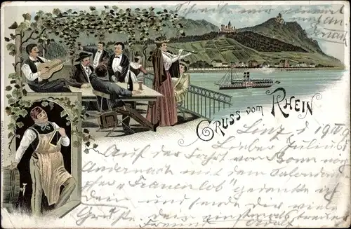 Litho Gruß vom Rhein, Gasthaus, Salondampfer