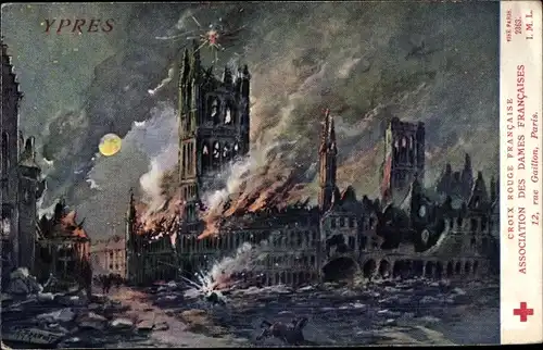 Künstler Ak Ypres Westflandern, Zerschossenes Rathaus, Kriegszerstörungen, I. WK