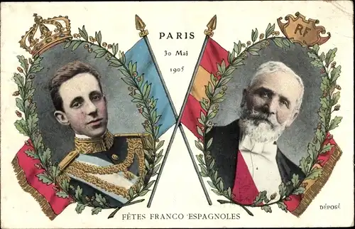 Ak Émile Loubet, Alfonso XIII, König Alfons XIII von Spanien, Fêtes Franco Espagnoles Paris 1905