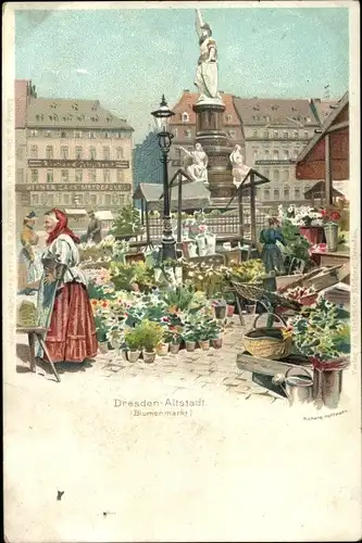 Künstler Litho Hoffmann, Richard, Dresden Altstadt, Der Blumenmarkt, Wiener Café