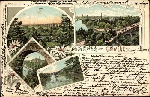 Litho Görlitz in der Lausitz, Panorama vom Ort, Viadukt, Neißeansicht m. Laufsteg