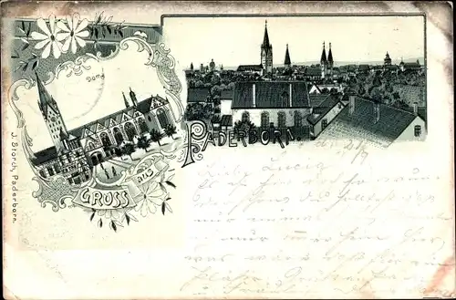 Litho Paderborn in Westfalen, Stadtansicht mit Dom