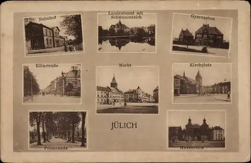 Ak Jülich in Nordrhein Westfalen, Hexenturm, Bahnhof, Kölnstraße, Gymnasium, Kirchplatz