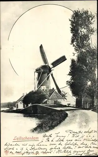 Ak Leidschendam Südholland, Windmühle, Brücke, Straßenpartie