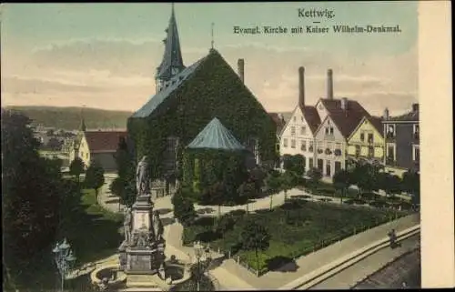 Ak Kettwig Essen im Ruhrgebiet, Evangelische Kirche mit Kaiser Wilhelm Denkmal