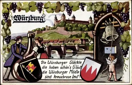 Wappen Ak Würzburg am Main Unterfranken, Die Würzburger Glöckle, Glocken, Engel, Weintrauben