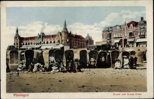 Ak Vlissingen Zeeland Niederlande, Strand met Grand Hotel