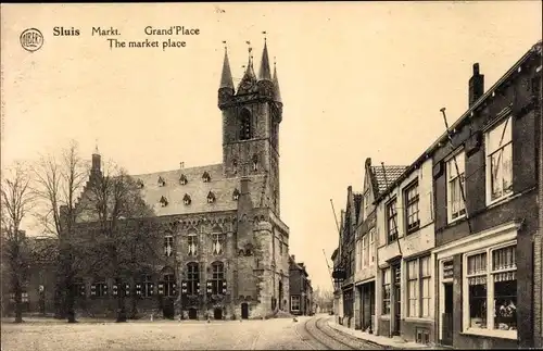 Ak Sluis Zeeland Niederlande, Hotel de Ville, Stadhuis, Markt