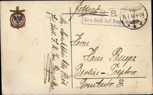 Ak Stempel Deutsche Feldpost 1. WK, Ersatz-Batl.-Infanterie-Regiment 64, Wappen