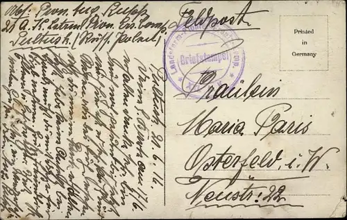 Ak Stempel Deutsche Feldpost 1. WK, Landsturm-Pionier-Ersatz-Kompagnie XXI. A. K.