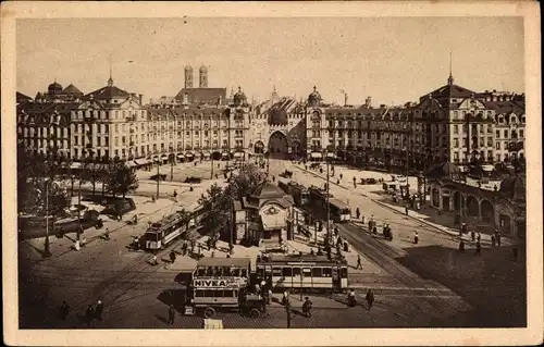 Ak München Bayern, Karlsplatz, Doppeldeckerbus, Straßenbahnen, Reklame Nivea