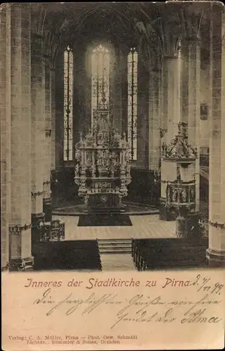 Ak Pirna in Sachsen, Innenansicht Stadtkirche, Hochaltar, Kanzel