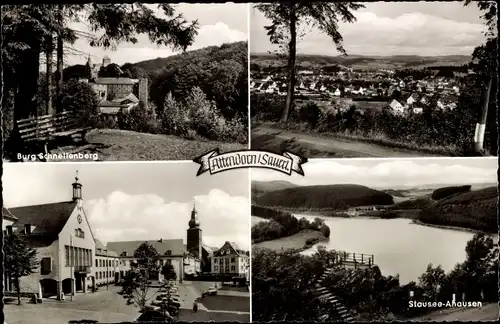 Ak Attendorn im Sauerland, Burg Schnellenberg, Stausee-Ahausen, Kirche, Gesamtansicht