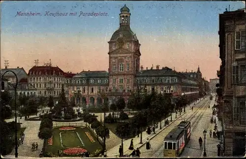 Ak Mannheim in Baden, Kaufhaus mit Paradeplatz, Straßenbahn, Parkanlage