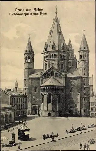 Ak Mainz am Rhein, Liebfrauenplatz und Dom, Passanten, Kiosk