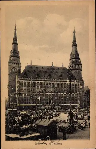 Ak Aachen in Nordrhein Westfalen, Rathaus, Marktstände, Marktszene