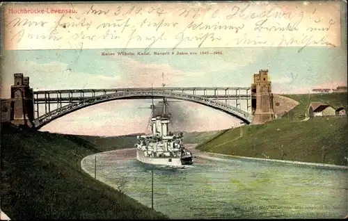 Ak Levensau Neuwittenbek in Schleswig Holstein, Flusspartie, Kriegsschiff, Hochbrücke