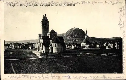 Ak Singen Hohentwiel Baden Württemberg, Herz-Jesu-Kirche u. evangel. Kirche