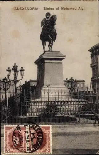 Ak Alexandria Ägypten, Statue of Mohamed Aly, Blick auf Reiterstandbild