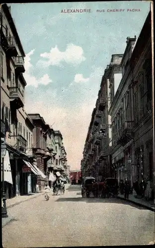 Ak Alexandria Ägypten, Rue Cheriff Pacha, Straßenpartie