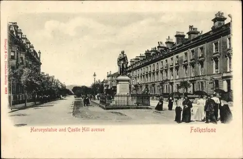 Ak Folkestone Kent England, Harveystatue and Castle Hille avenue