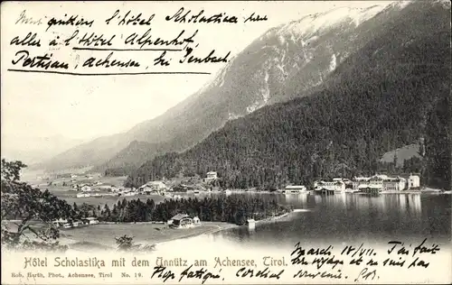 Ak Achensee Tirol, Hotel Scholastika mit dem Unnütz