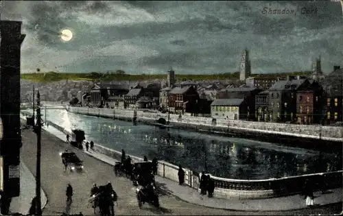 Ak Shandon Cork Irland, Straßenpartie am Wasser bei Nacht, Mondschein