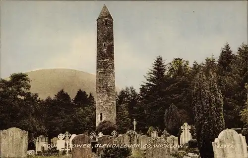Ak Glendalough Co. Wicklow Irland, Round Tower, Friedhof