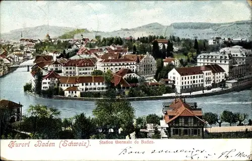 Ak Baden Kanton Aargau Schweiz, Station thermale, Ortsansicht