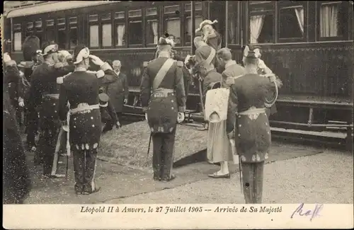 Ak Antwerpen Anvers Flandern, Leopold II von Belgien bei der Ankunft im Bahnhof 1905