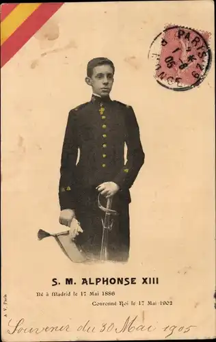 Ak Alfonso XIII, König Alphons XIII. von Spanien, Staatsbesuch Paris 1905