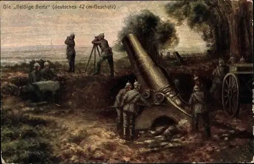 Künstler Ak Die fleißige Berta, Deutsches 42cm Geschütz, Artillerie, I. WK