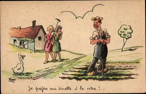 Künstler Ak Je prefere ma binette a la votre, Bauer auf dem Feld, Frauen