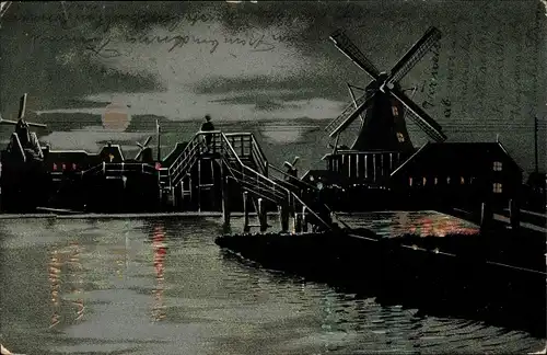Mondschein Ak Windmühlen bei Nacht, Fluss, Brücke