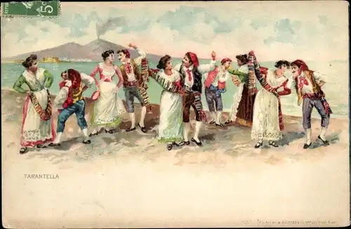 Litho Tarantella, Tänzer in italienischen Volkstrachten, Vesuv
