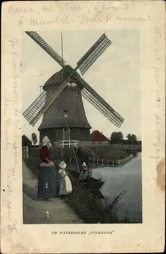 Ak Niederlande, Windmühle, De Watermolen Volendam, Niederländische Tracht