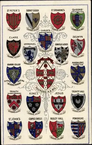 Studentika Wappen Ak Crests, St Peter's, Sidney Sussex, St Catharine's, Queens'