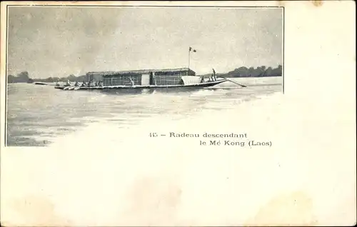 Ak Laos, Radeau descendant le Me Kong, Hausboot auf dem Fluss