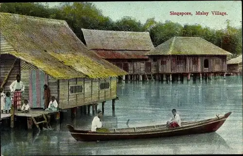 Ak Singapur, Malay Village, Ruderpartie, Fluss, Wohnhäuser