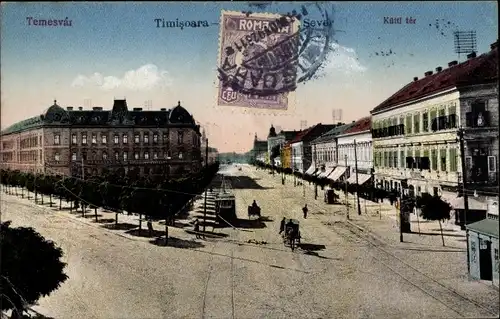Ak Timișoara Temesvár Temeswar Rumänien, Stadtpartie, Straße, Passanten, Kutsche