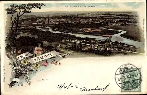 Litho Metz Moselle, Stadtpanorama vom Fort St. Quentin, Flusspartie