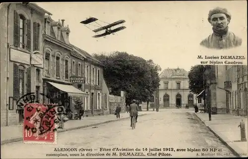 Ak Alencon Orne, Fetes d'Aviation du 14 juillet 1912, avec biplan 80 HP et monoplan, M. Demazel