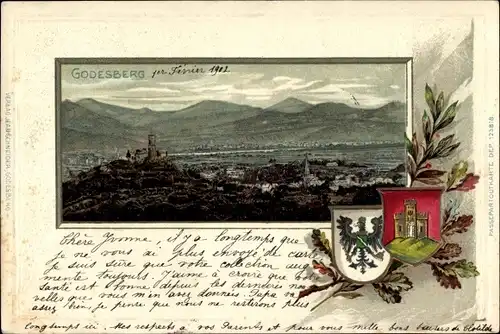 Präge Wappen Passepartout Litho Bad Godesberg Bonn Rhein, Panorama von Ort und Umgebung