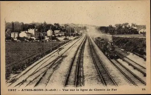 Ak Athis Mons Essonne, Vue sur la ligne de Chemin de Fer, Dampflok